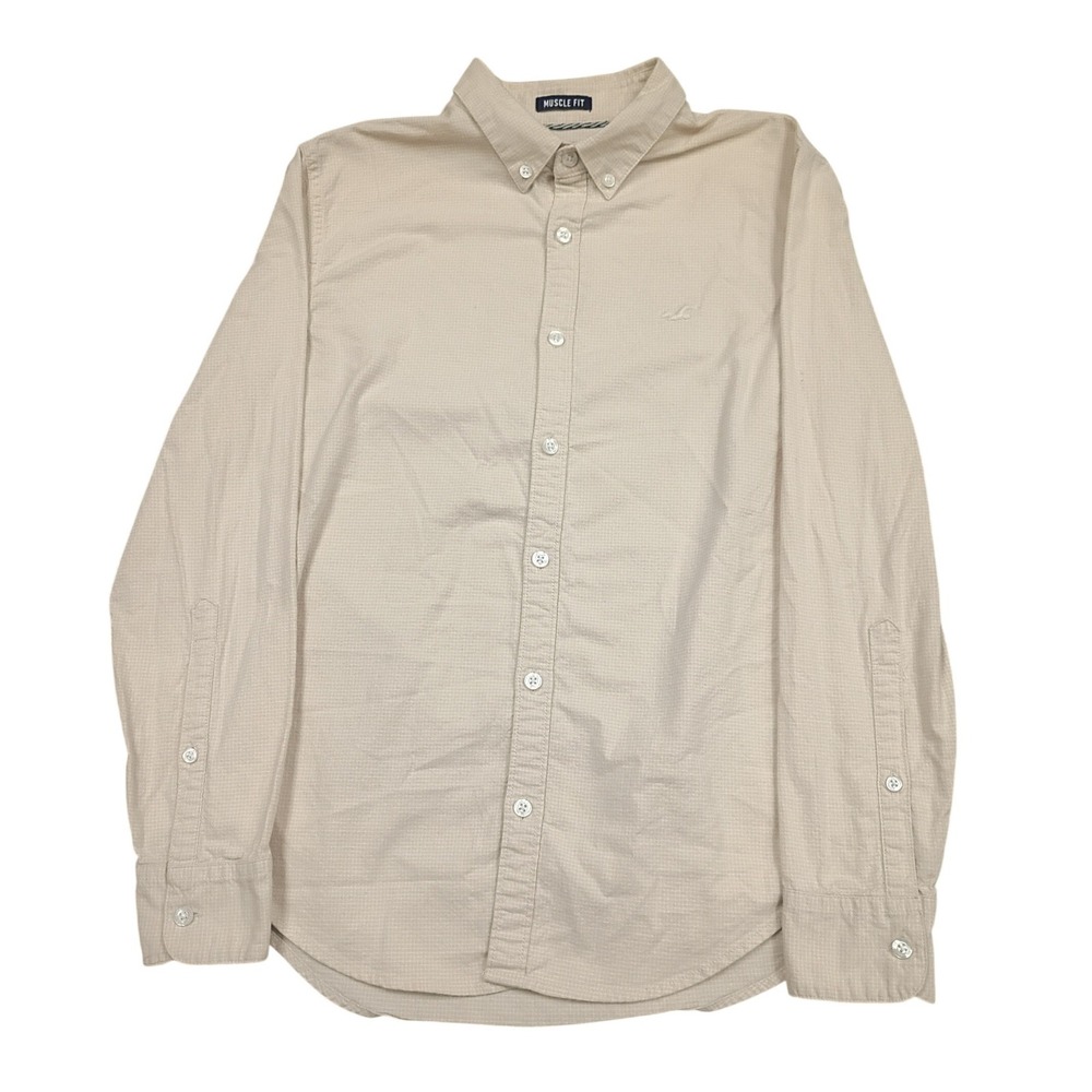 Hollister Button Down Shirt Mens XS Tan Muscle Fit Epic Flex Stretch Long Sleeve